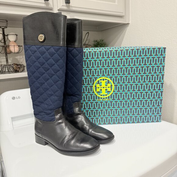 Tory Burch Black Leather & Blue Quilted Roslie Tall Riding Boots with Gold Logo - Picture 17 of 17